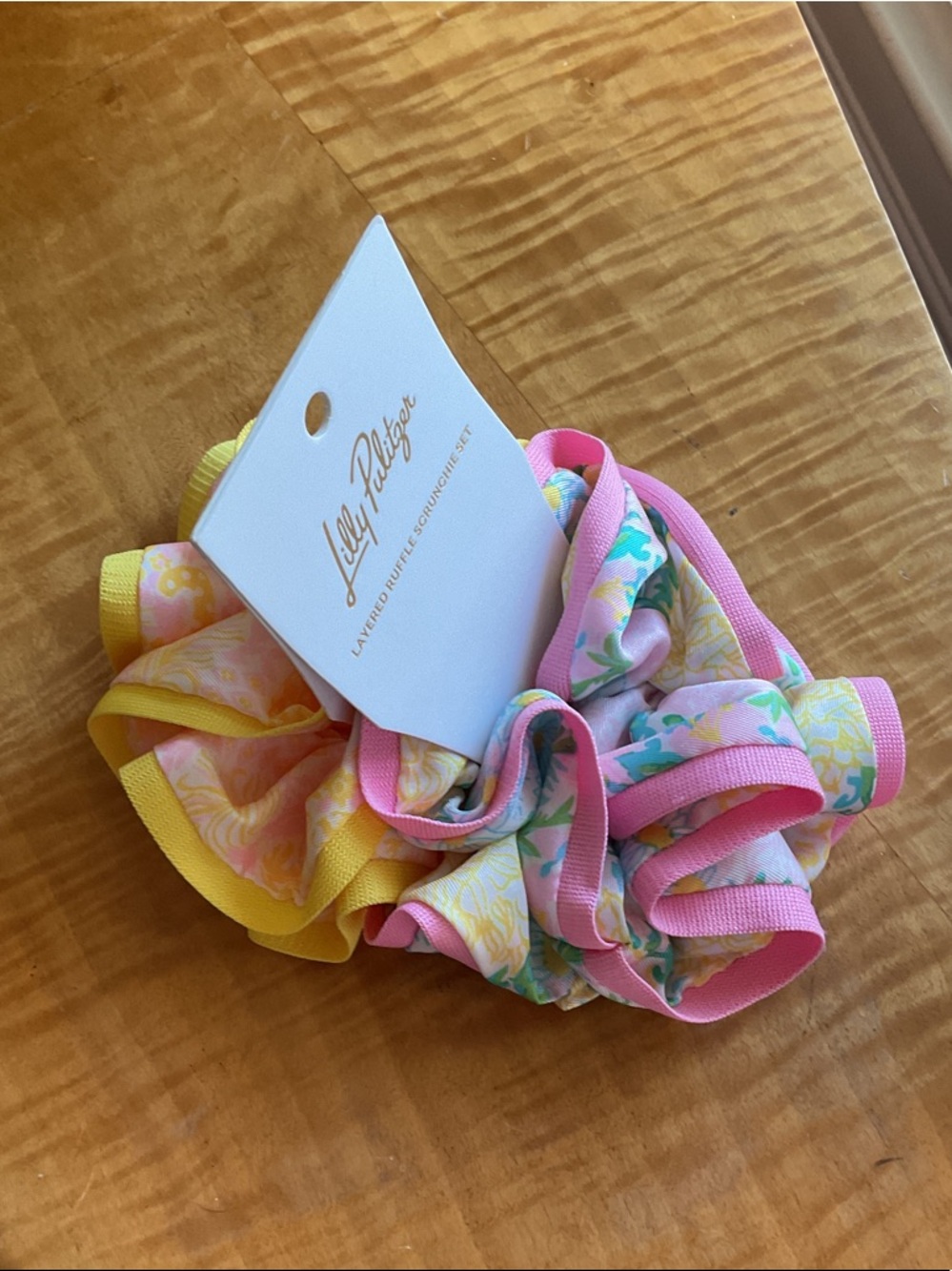 Lilly Pulitzer “Garden Home” Pink Yellow Floral Layered Ruffle Scrunchie Set - Picture 7 of 7